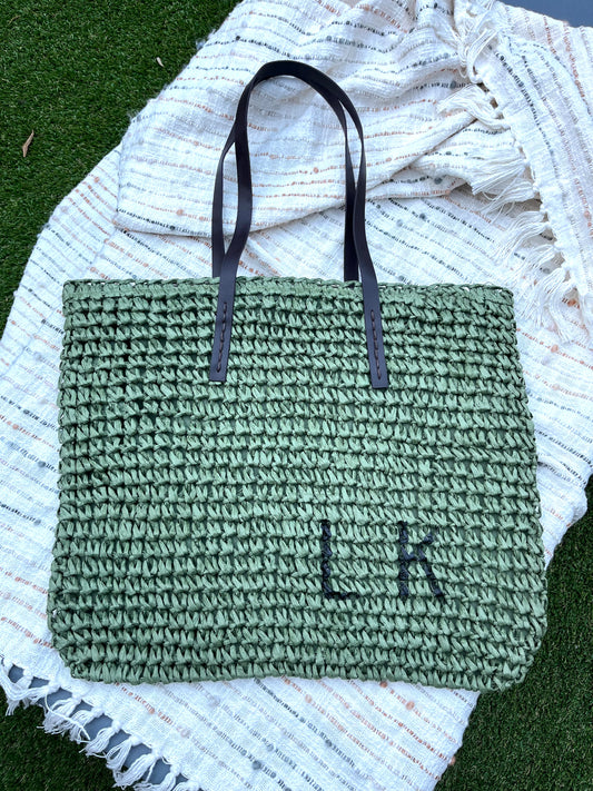 Personalised Woven Raffia Bag - Olive